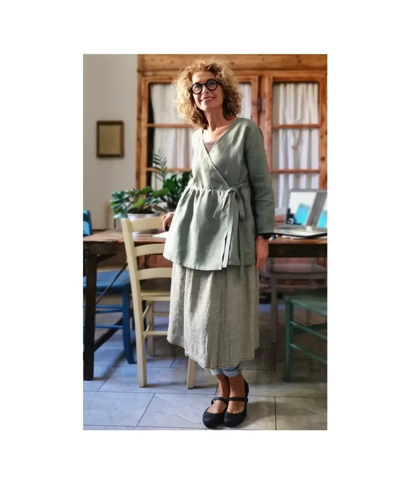 Camicia donna incrociata in lino verde salvia - tunica boho midi camicia donna