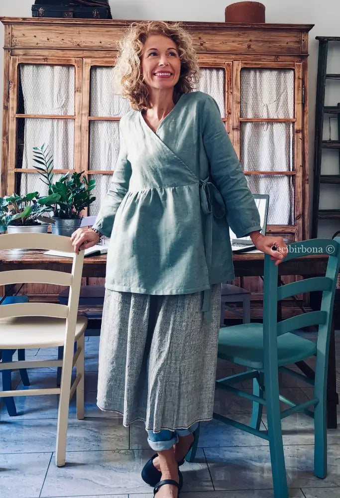 Camicia donna incrociata in lino verde salvia - tunica boho midi camicia donna