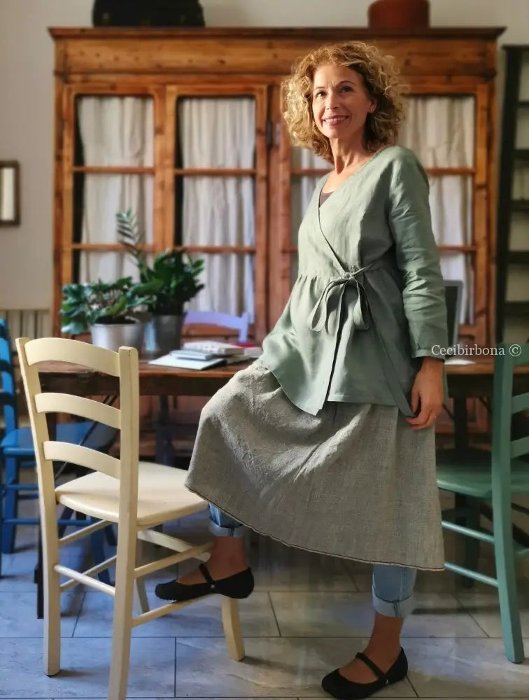 Camicia donna incrociata in lino verde salvia - tunica boho midi camicia donna