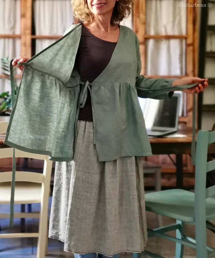 Camicia donna incrociata in lino verde salvia - tunica boho midi camicia donna