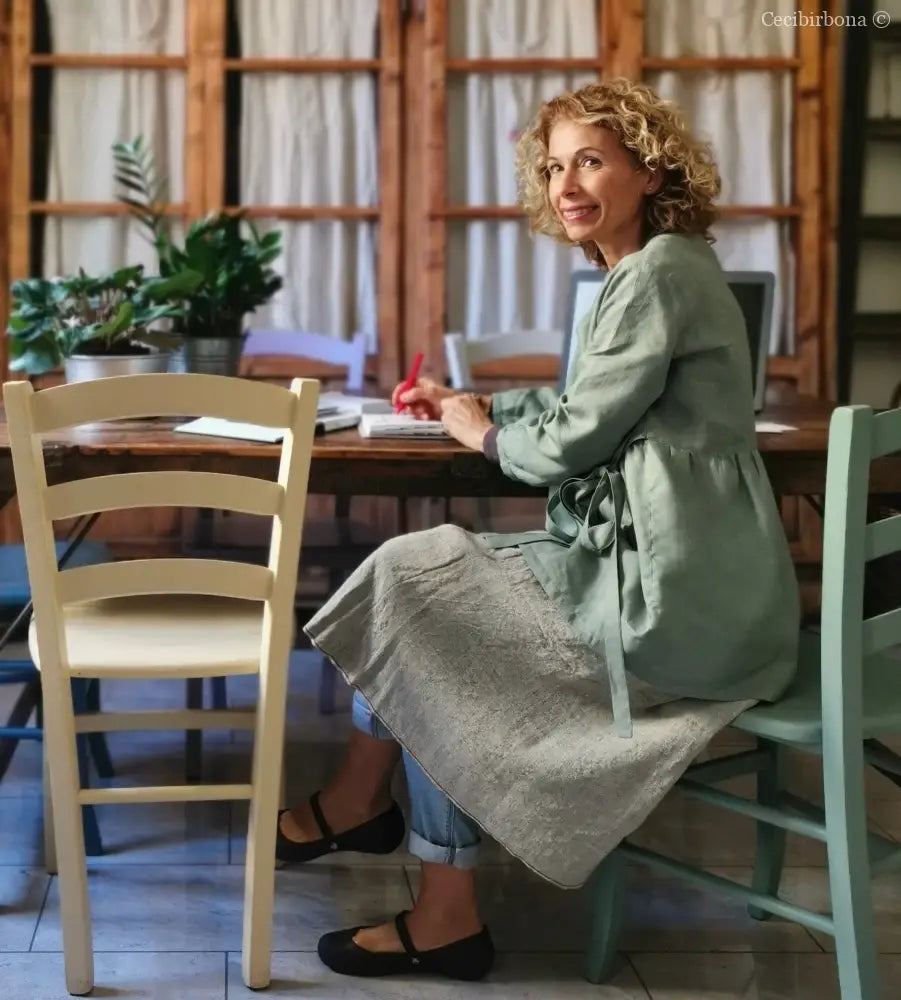 Camicia donna incrociata in lino verde salvia - tunica boho midi camicia donna