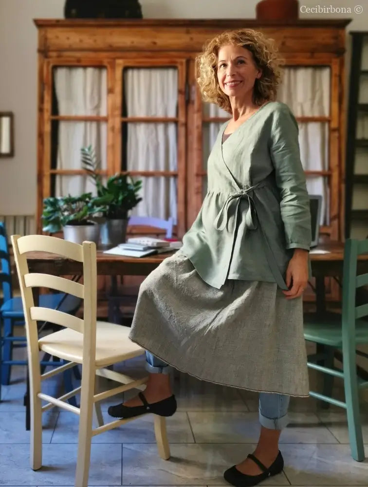 Camicia donna incrociata in lino verde salvia - tunica boho midi camicia donna