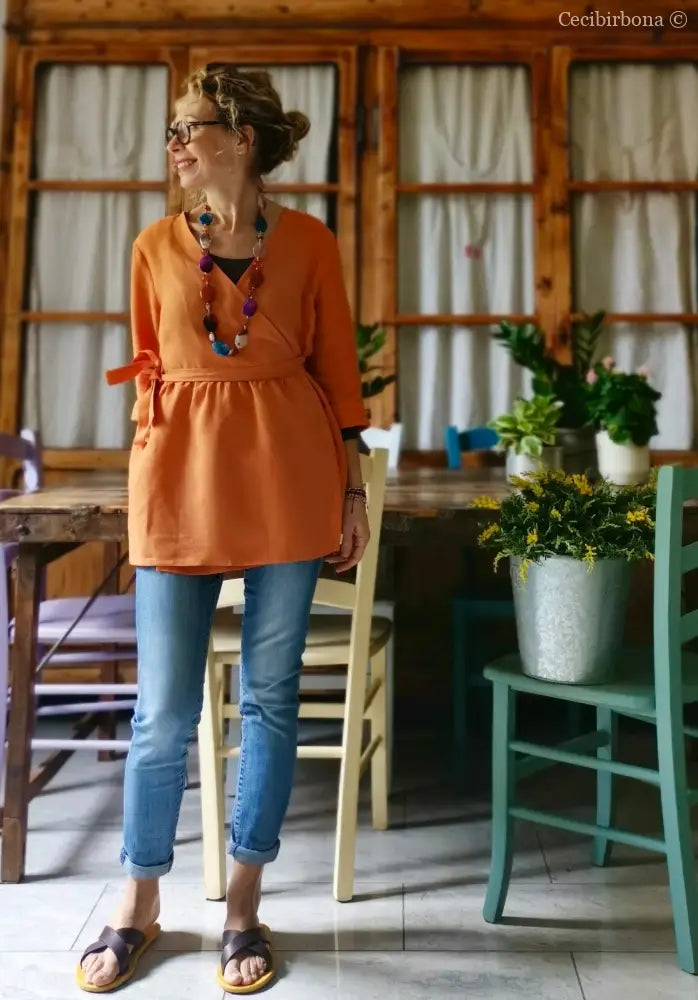 Camicia incrociata in lino arancio con maniche (Ref. 305) camicia donna