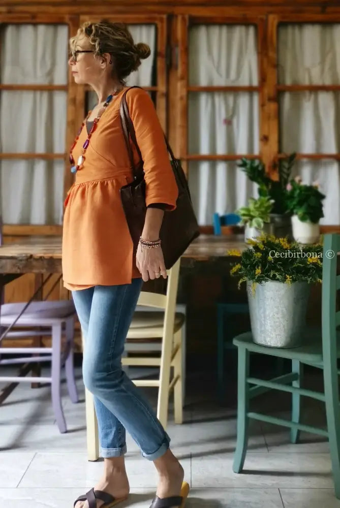 Camicia incrociata in lino arancio con maniche (Ref. 305) camicia donna