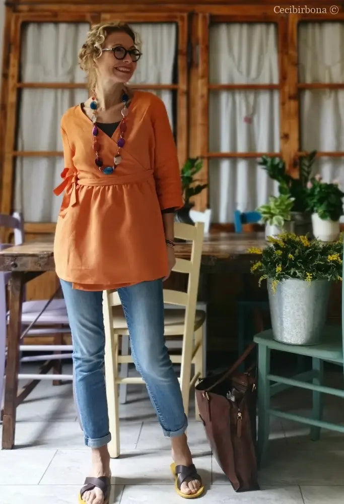 Camicia incrociata in lino arancio con maniche (Ref. 305) camicia donna