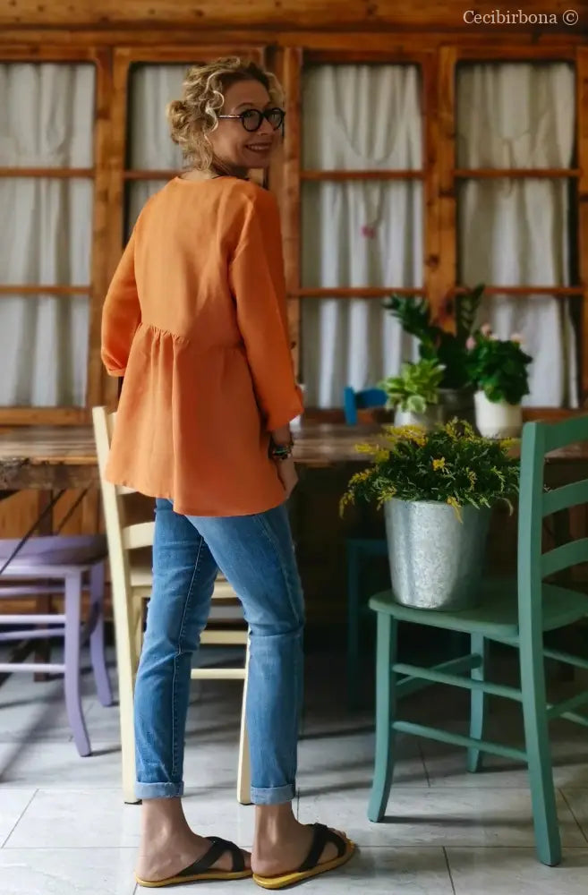 Camicia incrociata in lino arancio con maniche (Ref. 305) camicia donna