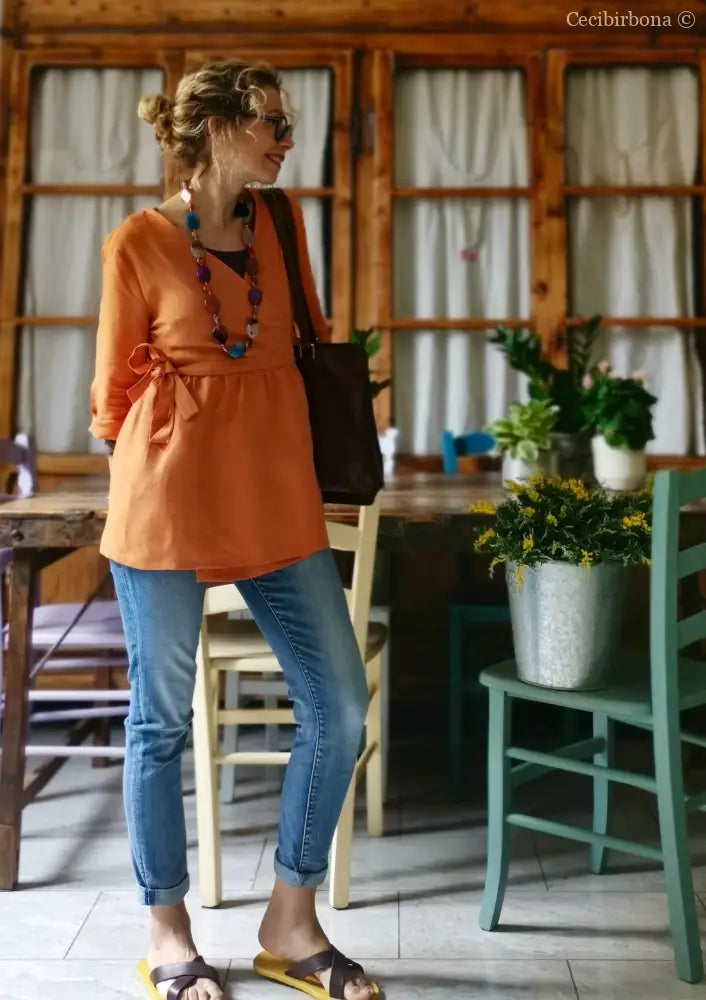 Camicia incrociata in lino arancio con maniche (Ref. 305) camicia donna