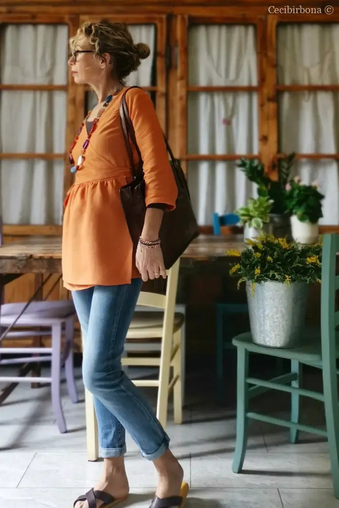 Camicia incrociata in lino arancio con maniche (Ref. 305) camicia donna