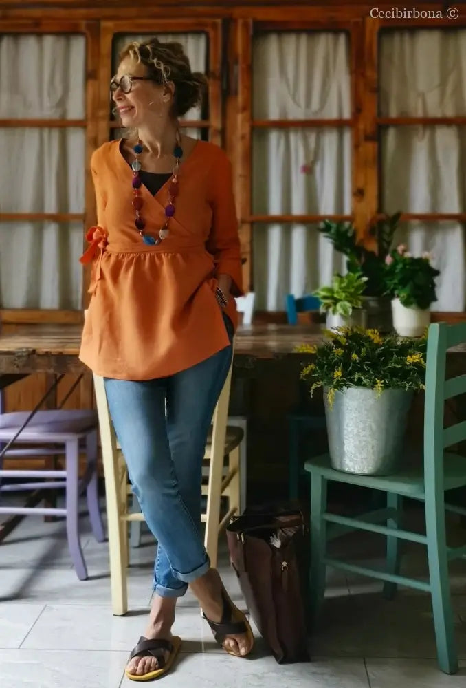 Camicia incrociata in lino arancio con maniche (Ref. 305) camicia donna