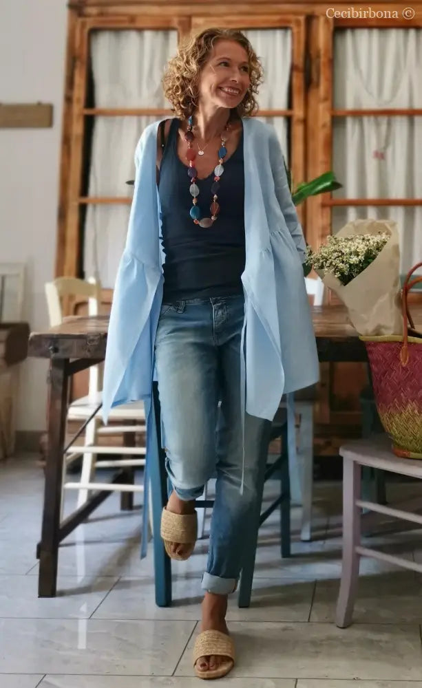 Camicia incrociata in lino celeste con maniche (Ref. 118) camicia donna