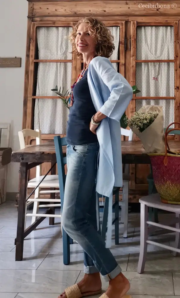 Camicia incrociata in lino celeste con maniche (Ref. 118) camicia donna