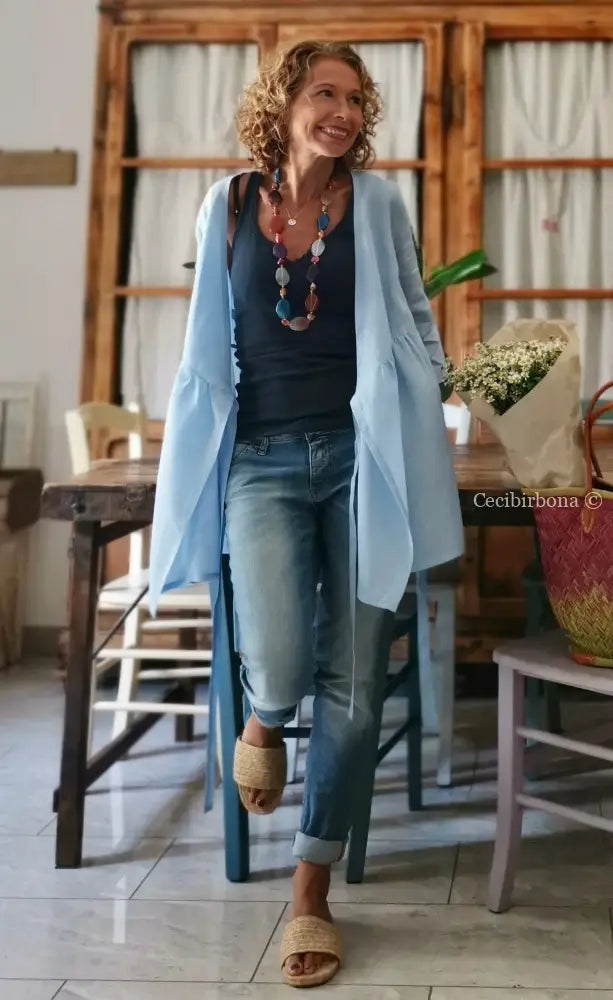 Camicia incrociata in lino celeste con maniche (Ref. 118) camicia donna