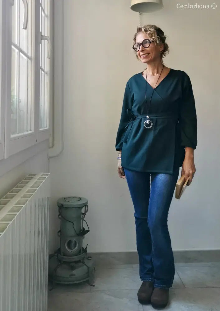 Camicia incrociata per donna verde petrolio - tunica boho midi camicia donna