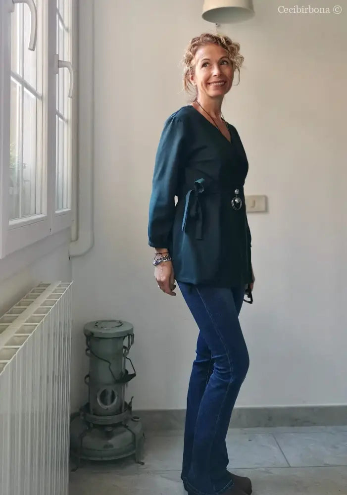 Camicia incrociata per donna verde petrolio - tunica boho midi camicia donna