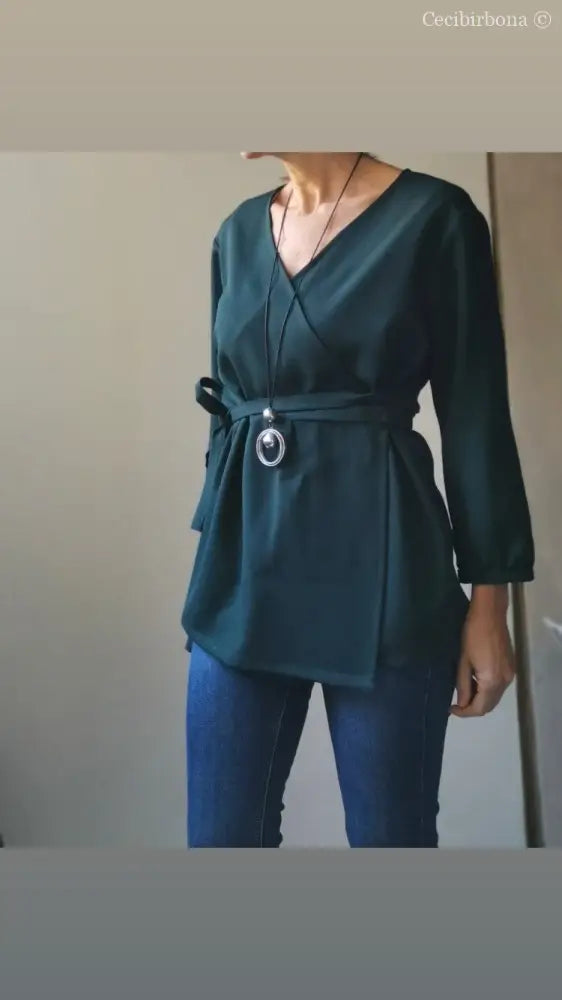 Camicia incrociata per donna verde petrolio - tunica boho midi camicia donna