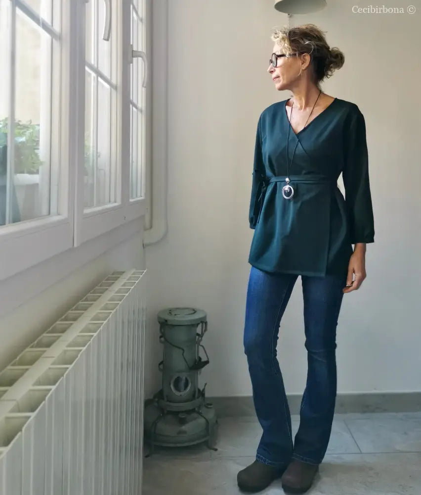 Camicia incrociata per donna verde petrolio - tunica boho midi camicia donna