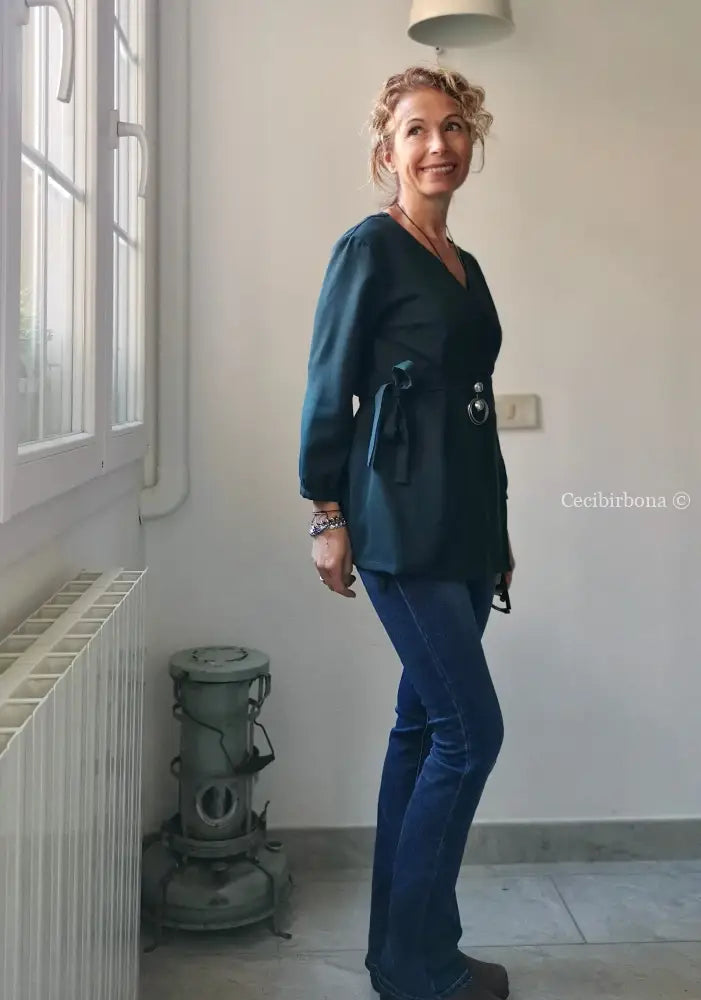 Camicia incrociata per donna verde petrolio - tunica boho midi camicia donna