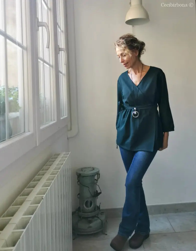 Camicia incrociata per donna verde petrolio - tunica boho midi camicia donna