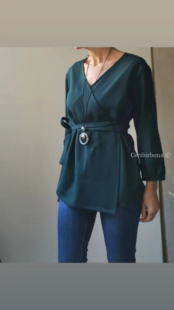 Camicia incrociata per donna verde petrolio - tunica boho midi camicia donna