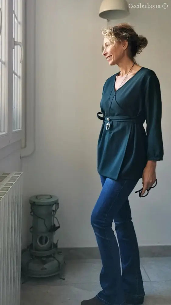 Camicia incrociata per donna verde petrolio - tunica boho midi camicia donna