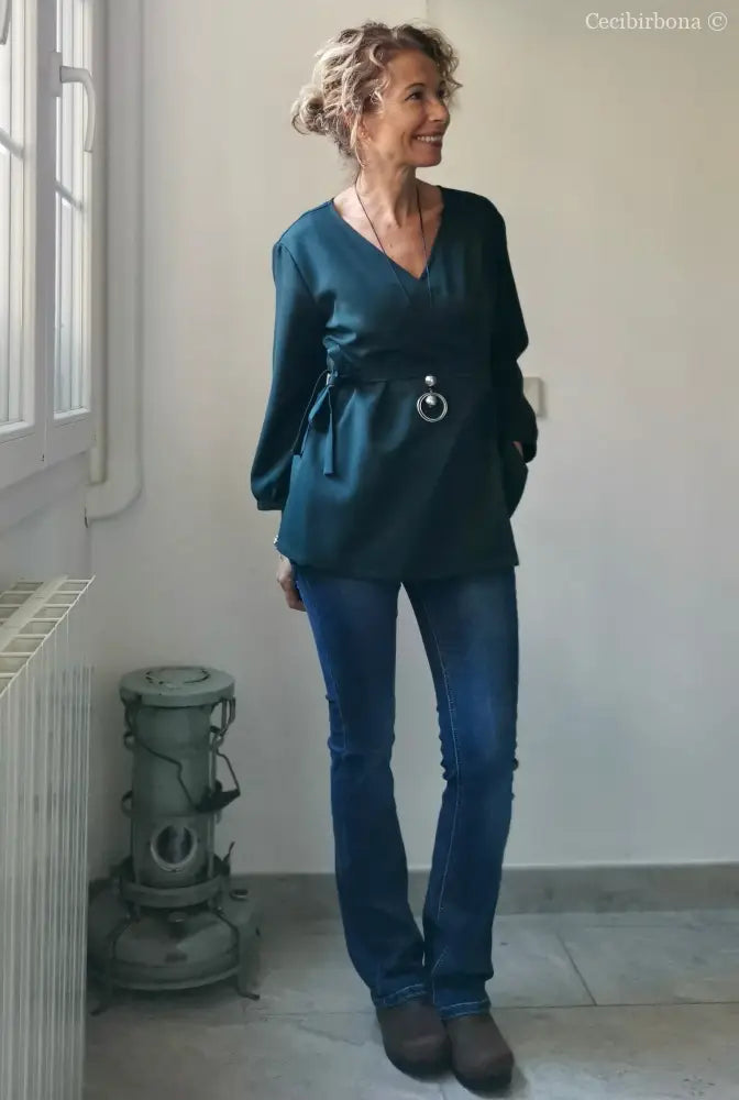 Camicia incrociata per donna verde petrolio - tunica boho midi camicia donna