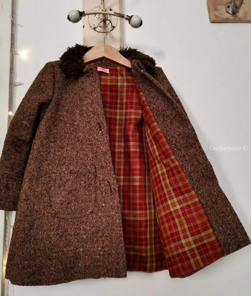 Cappotto in lana tweed per bambina con orsetto - cappottino marrone per bimba - cappotto retrò marrone in lana cappotto