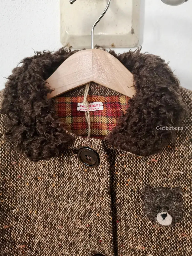 Cappotto in lana tweed per bambina con orsetto - cappottino marrone per bimba - cappotto retrò marrone in lana cappotto