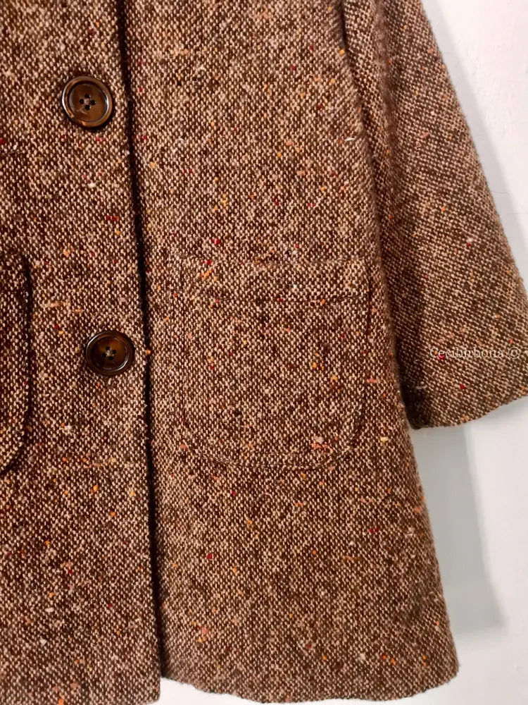 Cappotto in lana tweed per bambina con orsetto - cappottino marrone per bimba - cappotto retrò marrone in lana cappotto