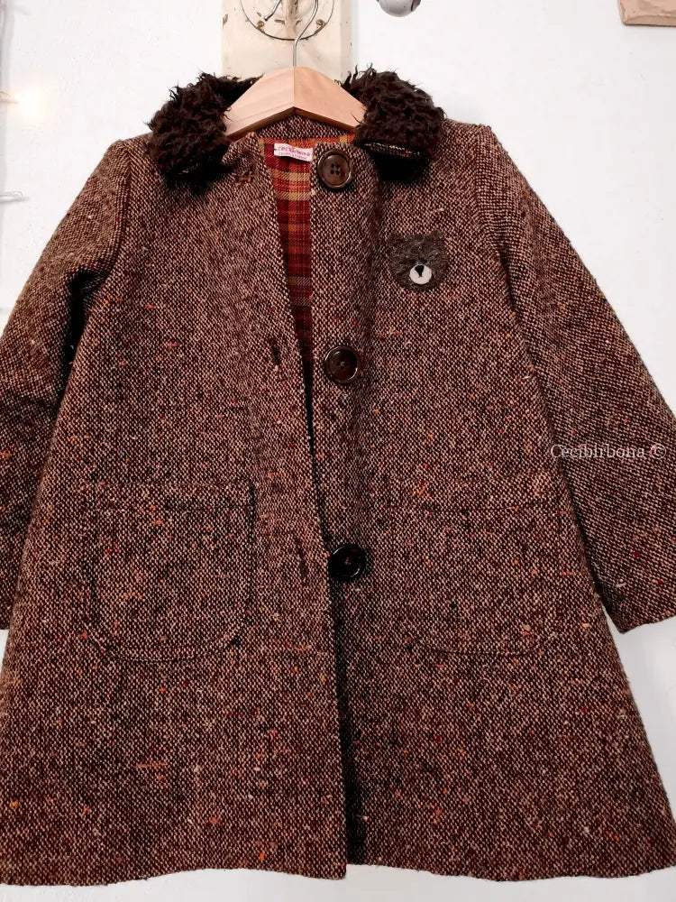 Cappotto in lana tweed per bambina con orsetto - cappottino marrone per bimba - cappotto retrò marrone in lana cappotto