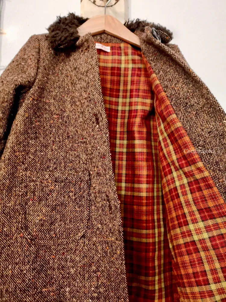 Cappotto in lana tweed per bambina con orsetto - cappottino marrone per bimba - cappotto retrò marrone in lana cappotto