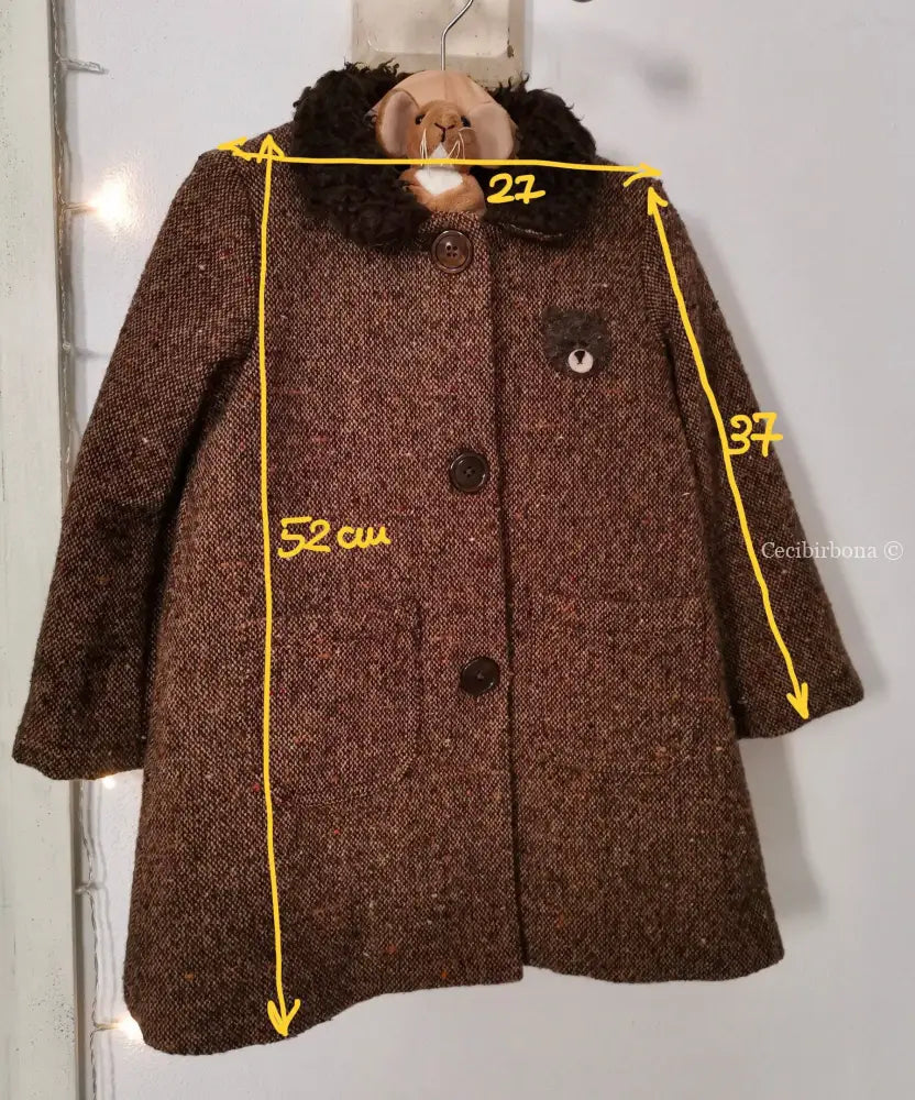 Cappotto in lana tweed per bambina con orsetto - cappottino marrone per bimba - cappotto retrò marrone in lana cappotto