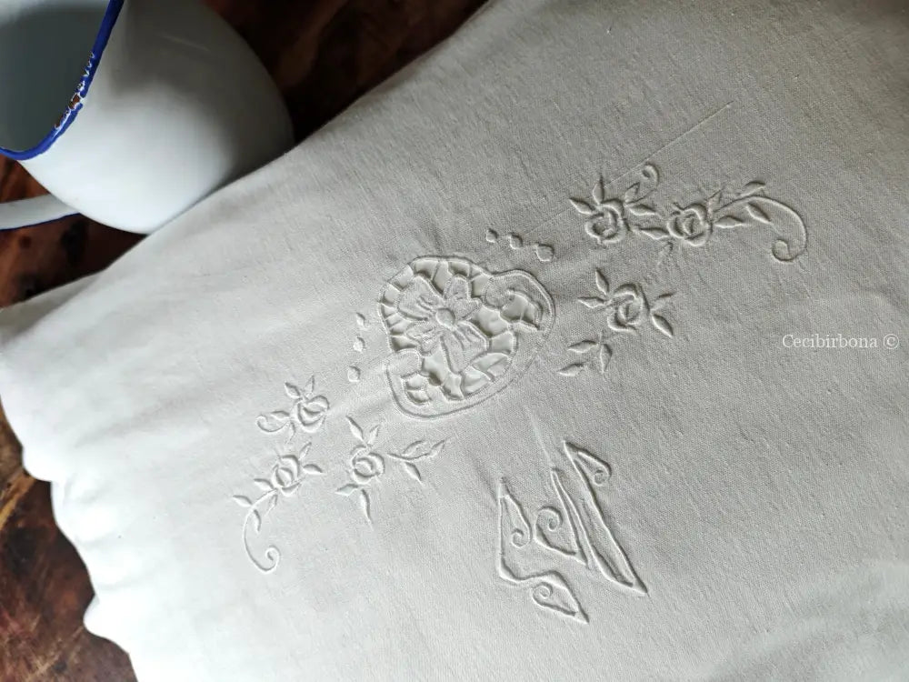 Coppia di federe antiche con ricami e monogramma SN biancheria antica per la casa
