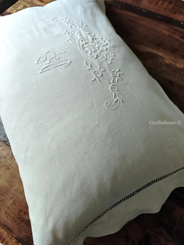 Coppia di federe antiche con ricami e monogramma SN biancheria antica per la casa