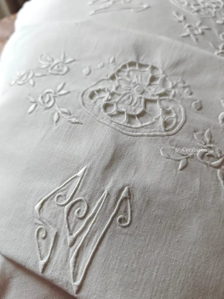 Coppia di federe antiche con ricami e monogramma SN biancheria antica per la casa