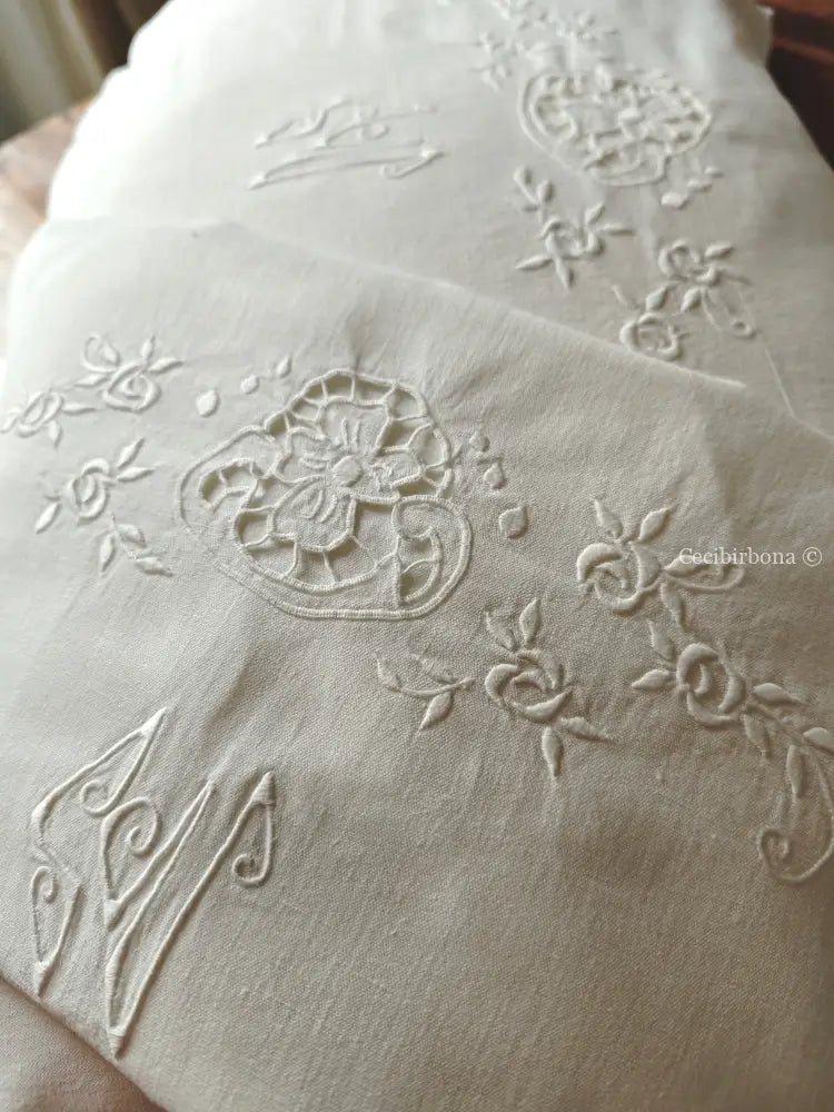 Coppia di federe antiche con ricami e monogramma SN biancheria antica per la casa