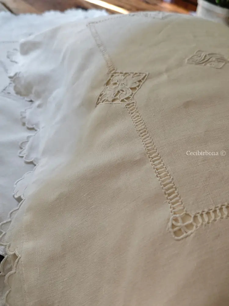 Coppia di federe antiche in lino con ricamo smerlo e monogramma NS biancheria antica per la casa