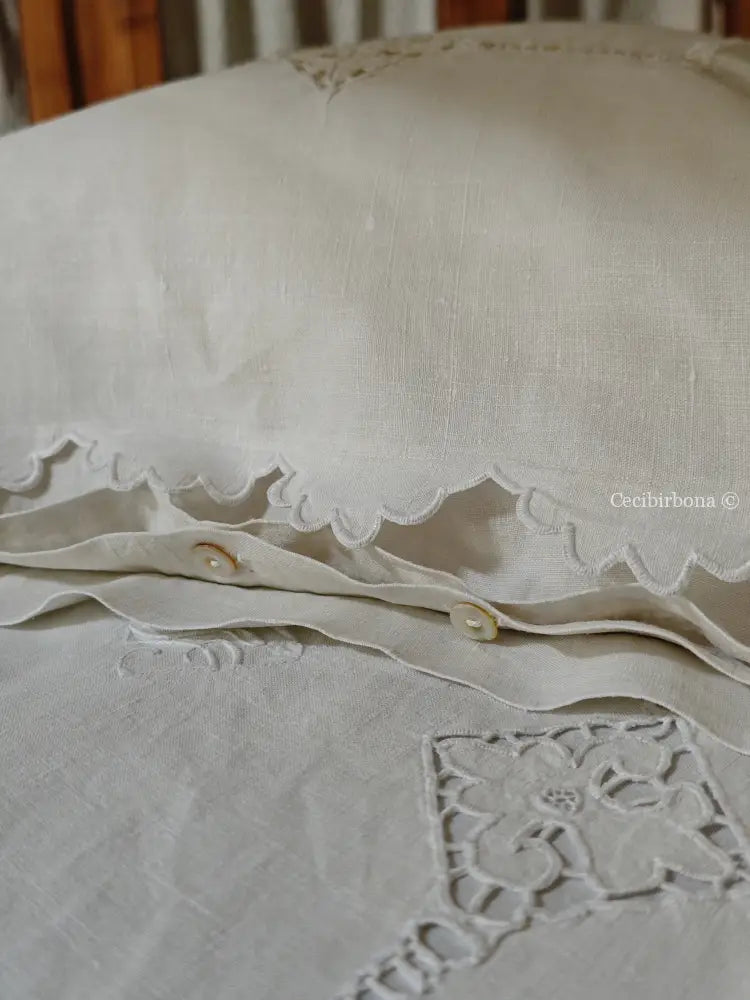 Coppia di federe antiche in lino con ricamo smerlo e monogramma NS biancheria antica per la casa