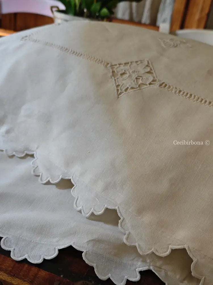 Coppia di federe antiche in lino con ricamo smerlo e monogramma NS biancheria antica per la casa
