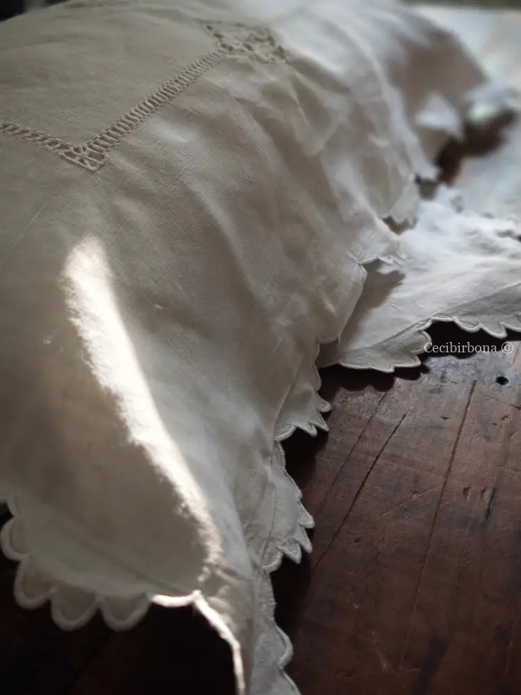 Coppia di federe antiche in lino con ricamo smerlo e monogramma NS biancheria antica per la casa