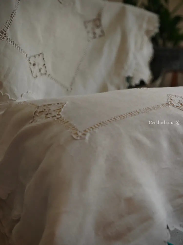 Coppia di federe antiche in lino con ricamo smerlo e monogramma NS biancheria antica per la casa