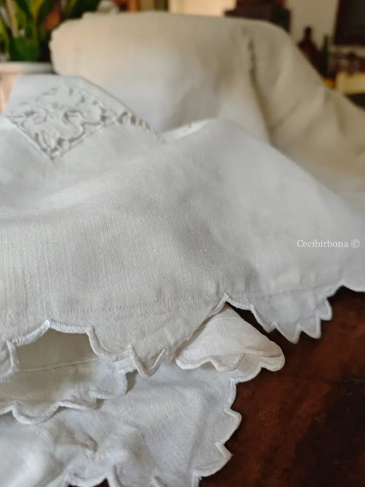 Coppia di federe antiche in lino con ricamo smerlo e monogramma NS biancheria antica per la casa