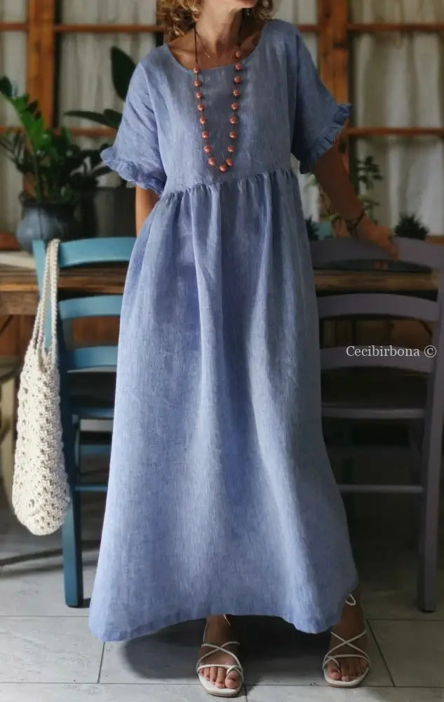 Disponibile in preordine Abito con maniche in lino azzurro abito donna