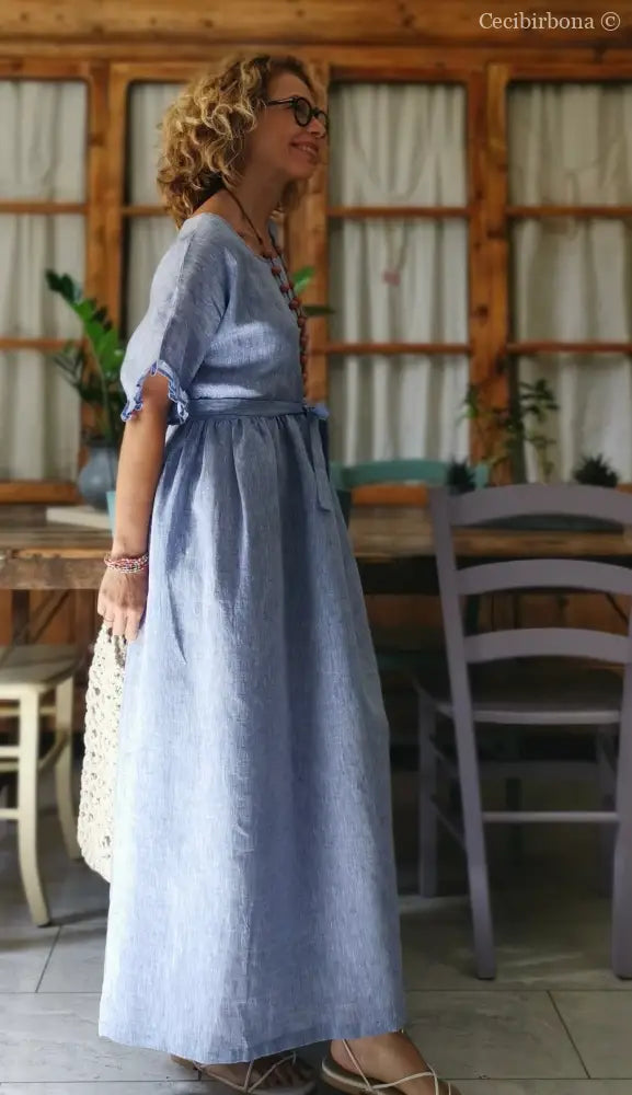 Disponibile in preordine Abito con maniche in lino azzurro abito donna