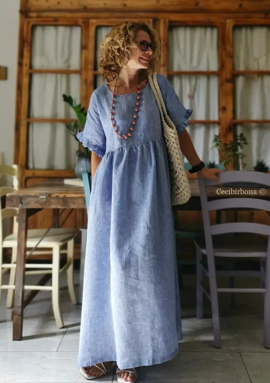 Disponibile in preordine Abito con maniche in lino azzurro abito donna