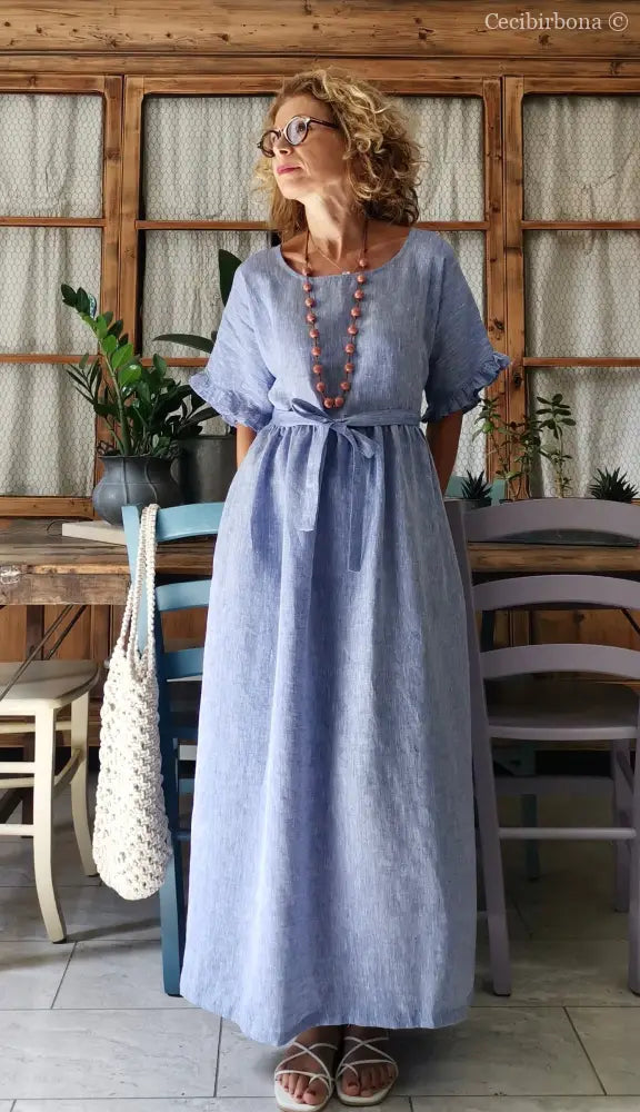 Disponibile in preordine Abito con maniche in lino azzurro abito donna
