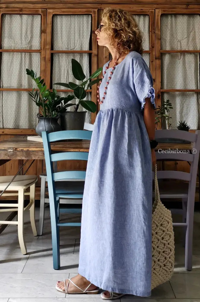 Disponibile in preordine Abito con maniche in lino azzurro abito donna