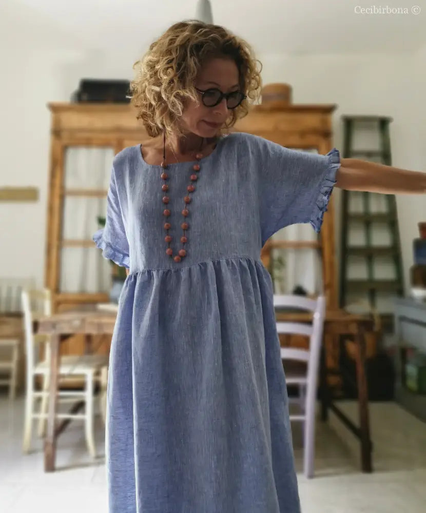 Disponibile in preordine Abito con maniche in lino azzurro abito donna