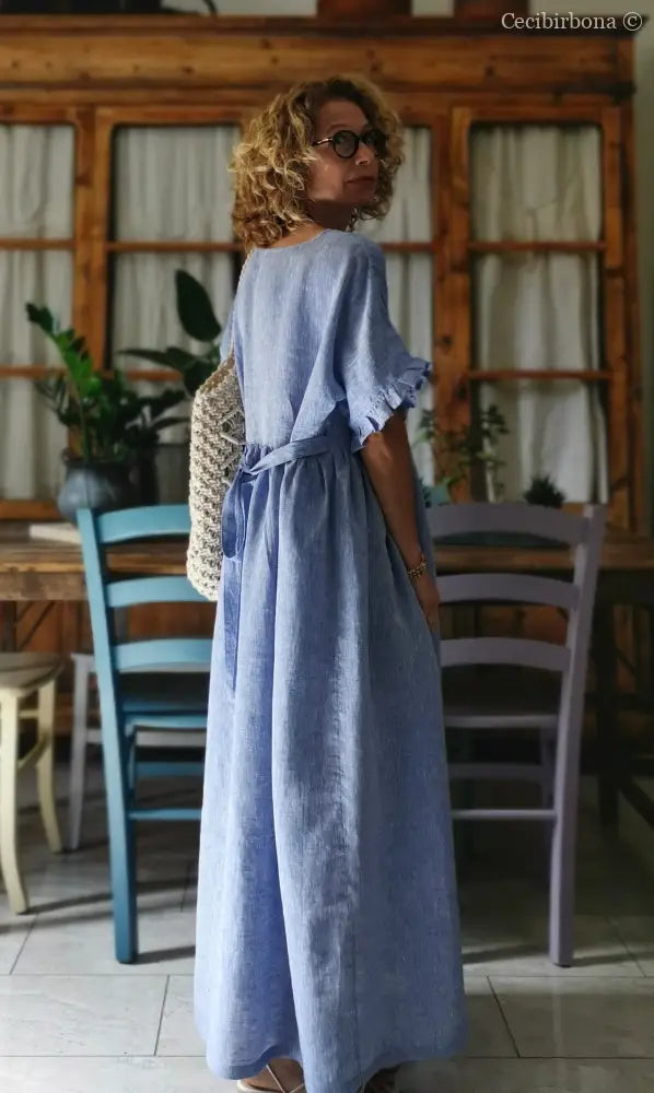 Disponibile in preordine Abito con maniche in lino azzurro abito donna