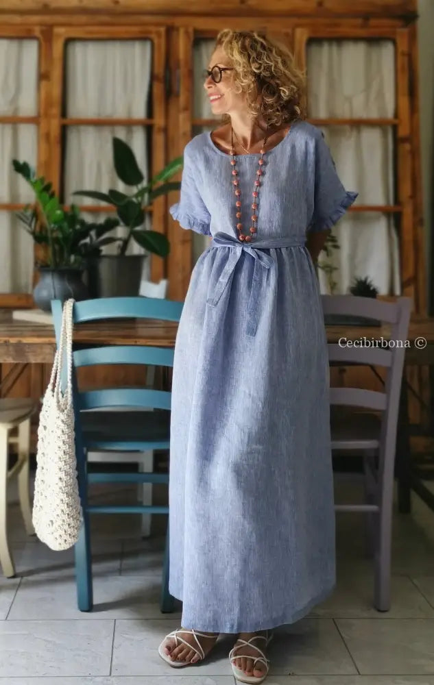 Disponibile in preordine Abito con maniche in lino azzurro abito donna