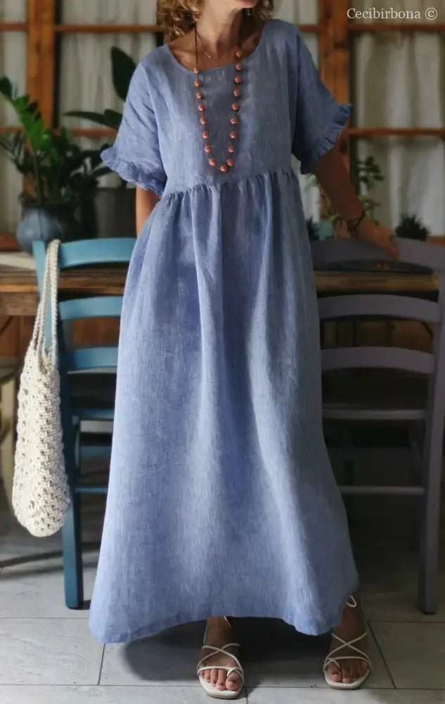 Disponibile in preordine Abito con maniche in lino azzurro abito donna